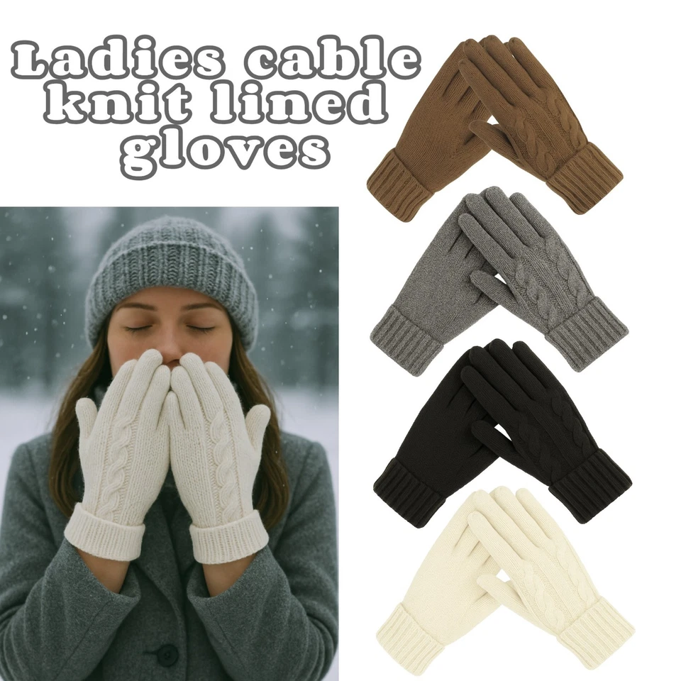 Ladies Womens Gloves Cable Knitted Thermal Fleece Lined Winter Warm - Image 1 of 1