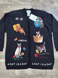 Neu mit Etikett Vintage 90er Quacker Factory A Cat is a Cat Intarsien/bestickte Strickjacke M schwarz - Bild 1 von 7