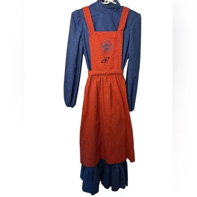 Homemade Red Floral Apron with Blue Maxi Dress - Image 1 of 4