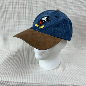 Vintage Mickey Mouse Hat Walt Disney World Denim Suede  Adjustable Strap Cap 90s - Picture 1 of 11