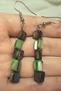 dainty dark gray + green abalone sea shell chip + silver tone dangle earrings - Picture 1 of 2