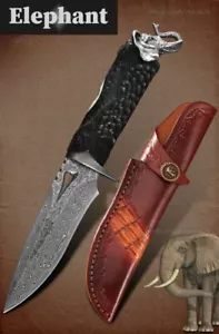 CUCHILLO DE CAZA DAMASCO HOJA FIJA VG10 CABEZA DE ELEFANTE TALLADA ARTESANALMENTE - Imagen 1 de 24
