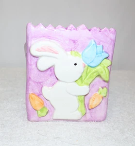 Ceramic Easter Basket Bag w/Rabbit & Eggs Raised 3.5" x 2" x 4" - Picture 1 of 4