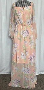 PinkBlush Maternity Floral Flowy Mesh Overlay Long Sleeve Maxi Dress Size Large - Picture 1 of 9