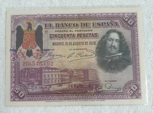 Scarce Rare Vintage 1928 Spain Commemorative 50 Pesetas Banknote - aUNC - Picture 1 of 2