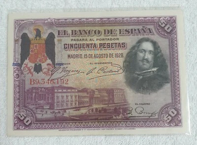 Scarce Rare Vintage 1928 Spain Commemorative 50 Pesetas Banknote - aUNC - Image 1 of 2