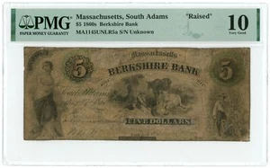 1860 Berkshire Bank, South Adams, Massachusetts $5 Obsolete Note PMG 10 (62855) - Picture 1 of 2