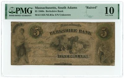 1860 Berkshire Bank, South Adams, Massachusetts $5 Obsolete Note PMG 10 (62855) - Image 1 of 2