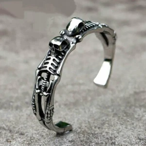 Skeleton Bracelet Bangle Retro Harley Biker Punk Style Titanium Steel - Picture 1 of 8