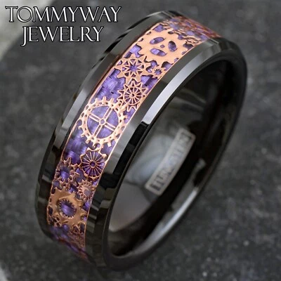 Black Tungsten Rose Gold Plated Steampunk Clockwork Gears Purple Band Ring - Image 1 of 4