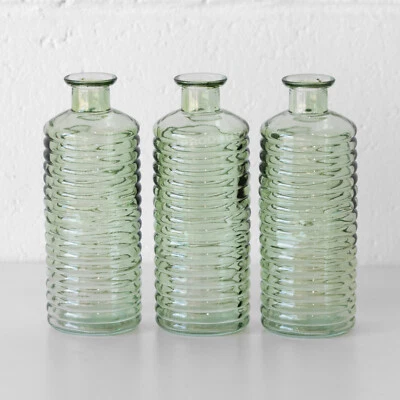 Set of 3 Small Glass Bud Vases 16cm Pastel Green Clear Ribbed Cut Flower Bottles - Image 1 of 4