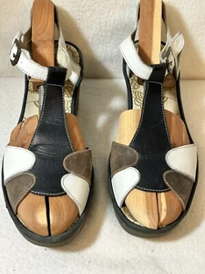 Fly London Yila T-Strap Peep Toe Wedge Sandals sz 41-9.5-10 Brown White Black - Picture 1 of 13