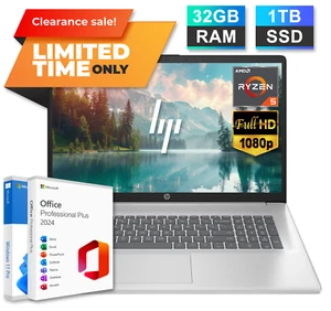 2025 HP Laptop Computer 17.3 FHD 6-Core AMD Ryzen 5, 32GB RAM 1TB SSD Win 11 Pro - Picture 1 of 11