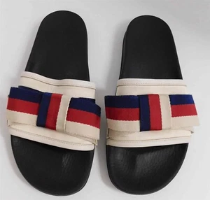 Gucci Sylvie Red Blue Natural Striped Bow Sandals 40 - Picture 1 of 7