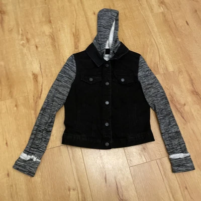 De Colección Y2K Mudd Denim Jean Chaqueta con Capucha Mujer Pequeña Negra Gris Botón Frontal Foto 1 de 4