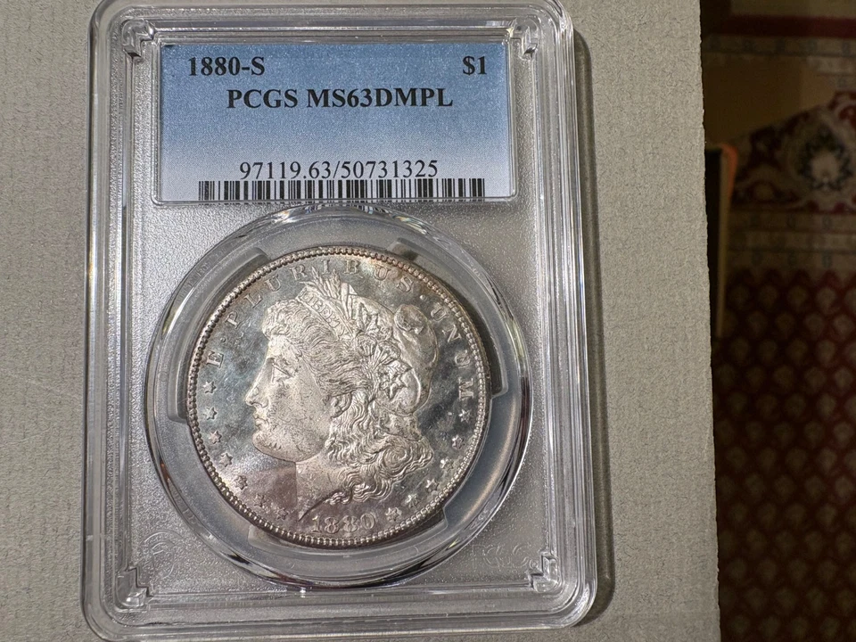 Dólar de plata Morgan 1880 S graduación profesional MS 63 DMPL a prueba de espejo profundo como Foto 1 de 2