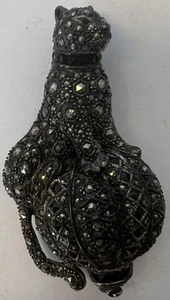 Antique Art Deco Vintage Sterling Silver Marcasite & Jet Big Cat on Jeweled Bell - Picture 1 of 24