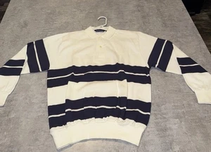 VTG Austin Reed Shirt Mens Md Banded Waist Faux Button Up Polo White Blue Stripe - Picture 1 of 8