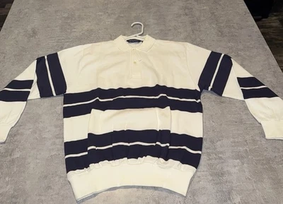 VTG Austin Reed Shirt Mens Md Banded Waist Faux Button Up Polo White Blue Stripe - Image 1 of 4