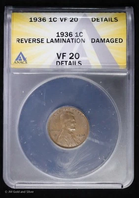 1936 1C Lincoln Wheat Cent ANACS VF 20 Details | Reverse Lamination - Image 1 of 4
