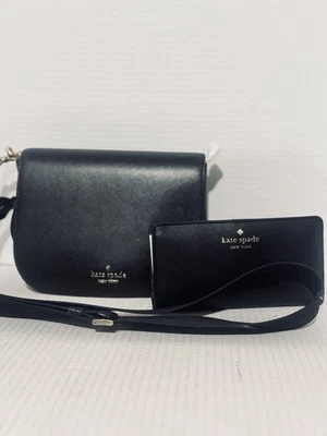 全新带标签 KATE SPADE 黑色皮革马鞍包和钱包 MADISON 十字架前襟 — 第 1/4 张图片