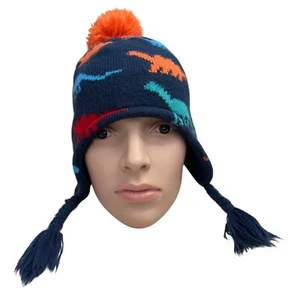 Dinosaur Knit Earflap Beanie Hat Blue Orange XL Kids 4T 5T - Picture 1 of 7