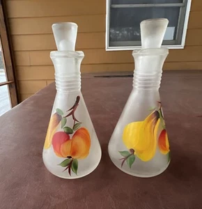 Vtg Hazel Atlas Cruets, Hand Painted Frosted Glass Oil & Vinegar 6” - Picture 1 of 22