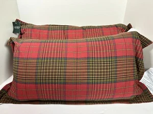 Ralph Lauren S/2 Plaid Lumbar Pillows Feather Inserts 14" x 26" Cotton Red Multi - Picture 1 of 3