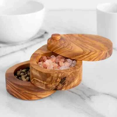 Bodega de sal y pimienta de madera de olivo hecha a mano - Caja doble de especias con tapa Foto 1 de 4