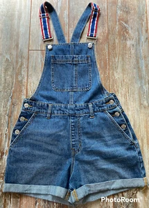 Forever 21 Blue Denim Bib Front Shorts Women sz Small Red Wht Blue Straps CUTE - Picture 1 of 9