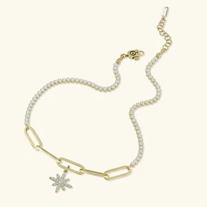 Paperclip CZ 8 Point North Star Ankle Anklet Real 14K Yellow Gold Up to 10" - Picture 1 of 4