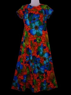 Maxi Vestido Vintage Años 60 Hawaiano Corteza Floral Watteau Muumuu Tiki Oasis M/L Foto 1 de 4
