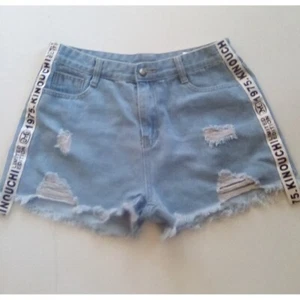 Distressed Denim Shorts Kinouchi Tape Trim Ripped Raw Hem Light Wash L - Bild 1 von 4