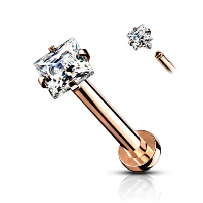 Square CZ Prong Set Surgical Steel Internal Threaded Labret Cartilage Piercing - Image 1 of 4