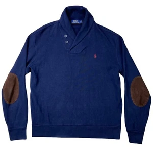 Polo Ralph Lauren Mens Sz Large Pullover Sweater Blue Cowl Neck Elbow Patch Pony - Picture 1 of 8