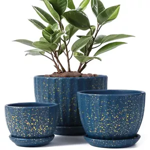 Ceramic Plant Pots with Drainage Holes and Saucers Set of 3 Blue Small - Picture 1 of 7