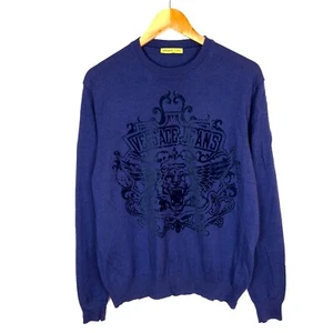 VERSACE JEANS Men's Jumper Size L Crew Neck Pullover Tight-Knit Blue Wool Blend - Picture 1 of 11