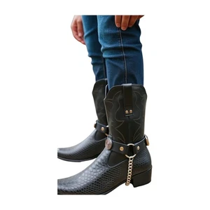 Biker Men Western Boot Silver Chains Faux Leather Straps Shotgun Shell Charms - Picture 1 of 23