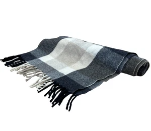 Amicale 100% Cashmere Rectangular Scarf 48x12 Gray Brown Plaid Fringe Soft Warm - Picture 1 of 3