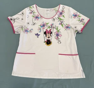 Disney Scrub Top Womens XL White Pink Floral Minnie Mouse Pockets Medical - Picture 1 of 4