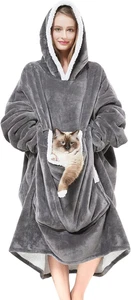 Wearable Blanket Hoodie with Giant Pocket (Pet Won'T Leave) Extra Soft Sherpa Fl - Picture 1 of 12