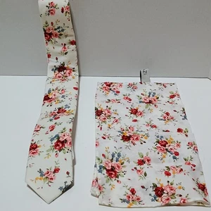 Dazi White Floral Skinny Tie Cotton Handmade With Hanker Chief To Match - Picture 1 of 2