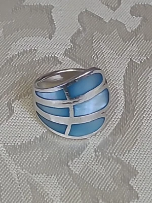 Anillo Banda Madreperla Azul Plata Esterlina 925 Modernista Sólido Talla 6.5 9.4g Foto 1 de 4