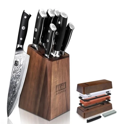 SHAN ZU 7-PCS Damascus Kitchen Knife Set Japanese Knife With Block + Whetstone
