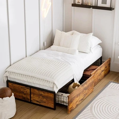 Marco de cama doble XL con 2 cajones de almacenamiento XL, marco de cama de plataforma de metal con fo... Foto 1 de 4