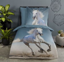 GOOD MORNING Kinder Wende Bettwäsche Biber STAR 135x200 cm weißes Pferd blau