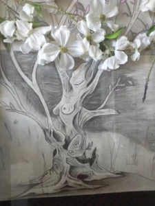 Vintage Gemälde von DA Glasschutz Frauen Baum Blumen Holzrahmen 31"x25" selten - Bild 1 von 14