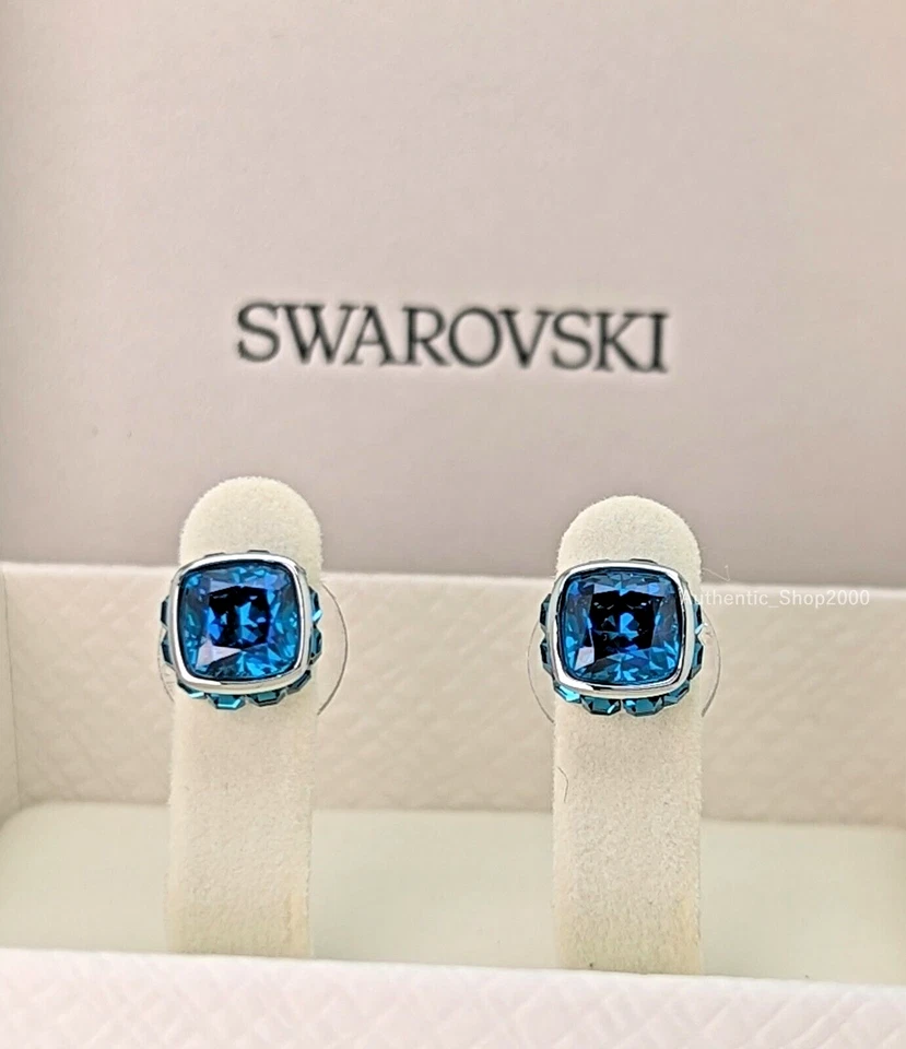 Swarovski Birthstone Stud Earrings Square Cut December Blue Rhodium 5660796