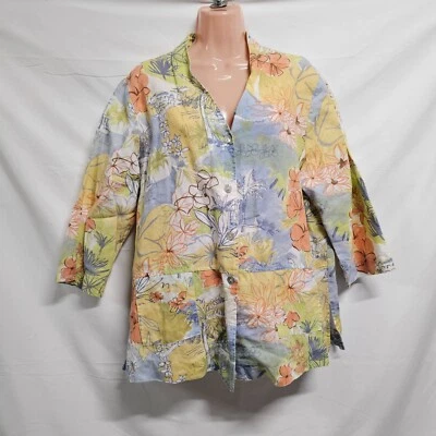 Hot Cotton Women Tropical Top Blouse Shirt Size LP Button Up Linen V Neck 3/4 Sl - Image 1 of 4