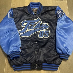 Vintage FUBU 05 The Collection Varsity Satin Bomber Jacket Mens L Blue Y2K - Picture 1 of 14